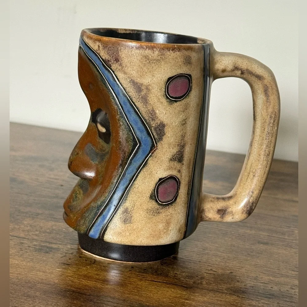 Mara Stoneware Sculpted Stein Mug  Dark Mask Design Handmade in Mexico